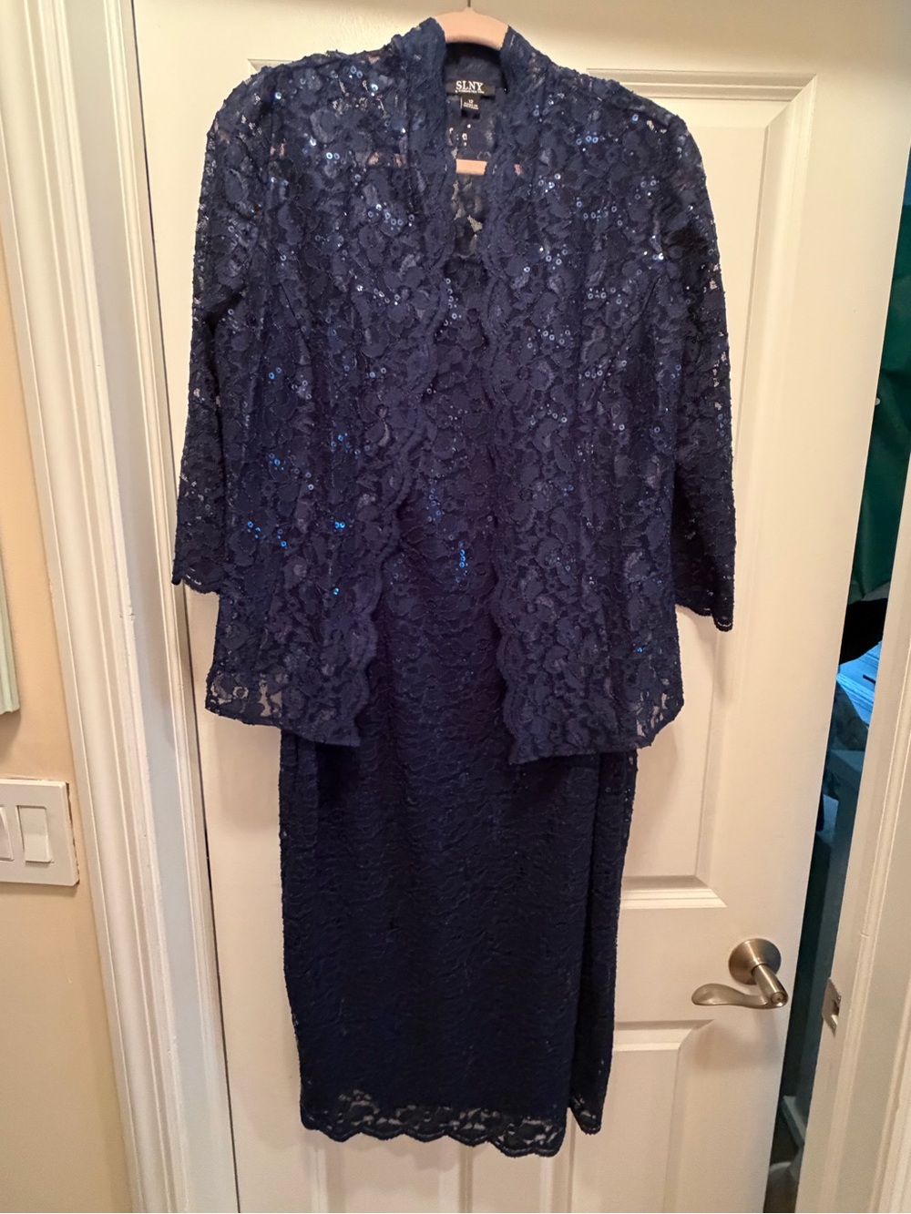 SLNY Navy Lace Sheath Dress with Lace Overlay